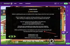 The Dog House Megaways RTP 94.55% at Casino Rocket — game rules screen