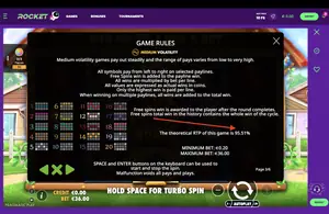 The Dog House RTP 95.51% at Casino Rocket — game rules screen
