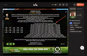 The Big Dog House RTP 96.53% at IRIS — game rules screen