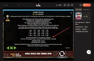 The Dog House Dog or Alive RTP 96.52% at IRIS — game rules screen