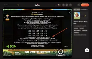 The Dog House Royal Hunt RTP 96.53% at IRIS — game rules screen