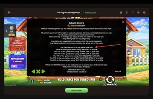 The Dog House Megaways 1000 RTP 94.50% at Ritzo — game rules screen
